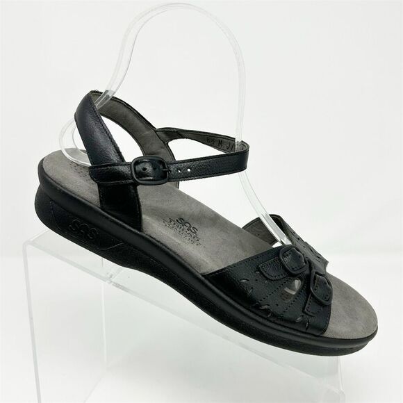 SAS Duo Buckle Black Leather Slingback Sandals Size 8.5 M Comfort Summer - Picture 1 of 12